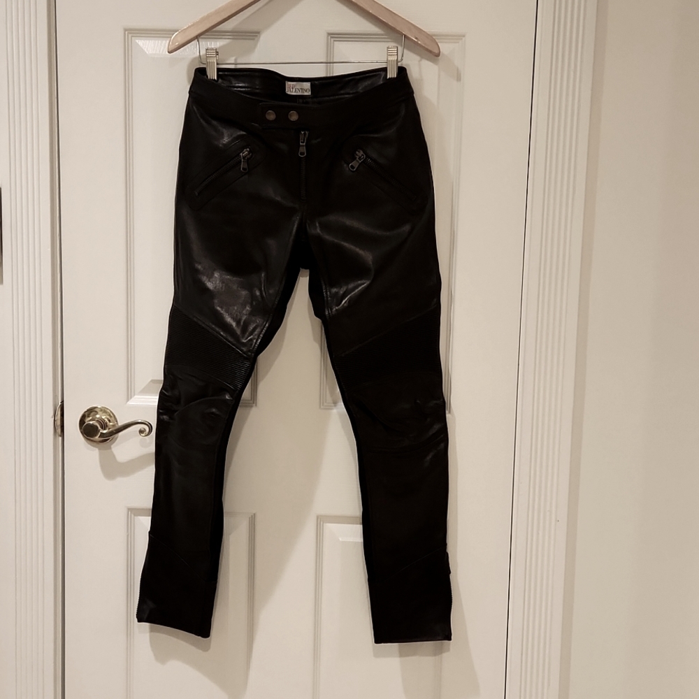 RED VALENTINO LOW RISE LEATHER BIKER PANTS